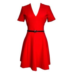 Cinq à Sept Viper Dress 4 Red V-Neck Short Sleeve Belted Fit & Flare Mini